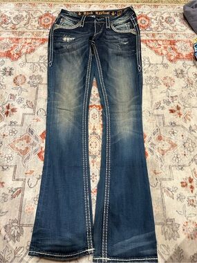 Rock Revival Dark Blue Flared Jeans with Contrast Stitching